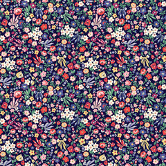 Meadow seamless pattern with vibrant wildflowers and leaves