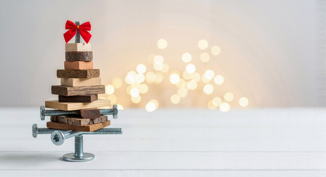 Creative Christmas tree made of wood samples and screws for DIY projects and holiday decor ideas