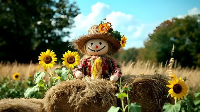 A scarecrow with a straw hat adorned with sunflowers sits on a hay bale in a field. The scarecrow is dressed in a plaid shirt and holds a corn cob.