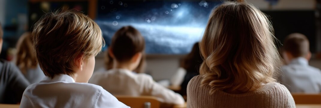Young caucasian students watching educational space documentary in classroom