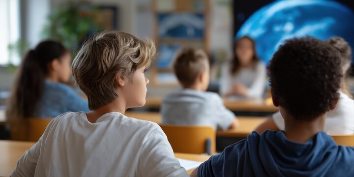 Diverse group of young students in a classroom discussion