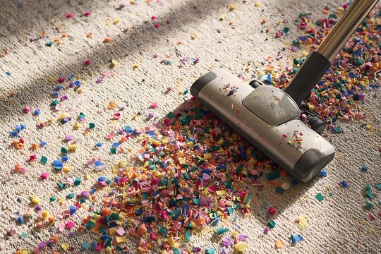 A close-up shot of a vacuum cleaner head cleaning up a vibrant mess of colorful confetti on a textured carpet.