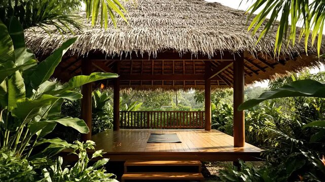 Tropical wooden pavilion with thatched roof and wooden floor surrounded by lush green plants and palm leaves featuring yoga mat for peaceful outdoor exercise and natural retreat