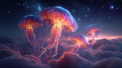 Fototapeta premium Floating jellyfish in a cosmic, dreamlike ethereal scene. The image presents jellyfish with illuminated bodies drifting among the clouds with starlight