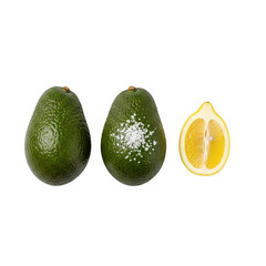 Three perfectly ripe, vibrant green Hass avocados, one with sea salt, and a fresh half lemon, elegantly arranged on a seamless transparent background, concept of freshness and culinary appeal