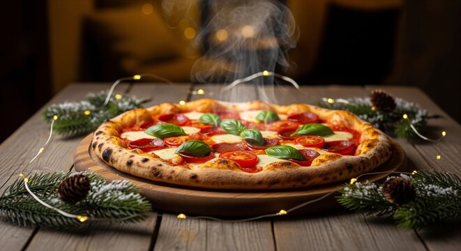 Hot pepperoni pizza steaming on a rustic table with festive holiday decorations and warm lights.