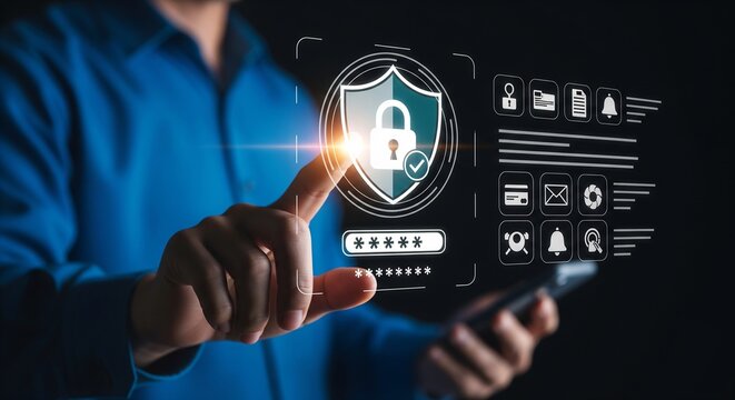 Hand touching virtual shield icon to confirm successful cybersecurity and data protection process - Powered by Adobe