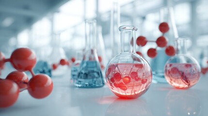 Chemical laboratory glassware and molecular structure for science research