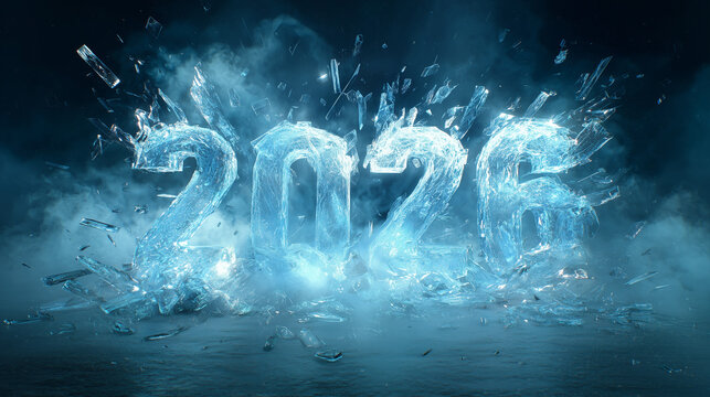 砕け散る氷の2026年の文字、激しい爆発と青いクリスタルの破片の背景