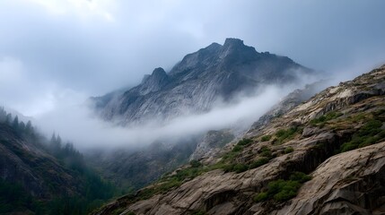 Dramatic mountain peaks shrouded in swirling mist on a rugged rocky slope under an overcast sky