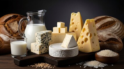 Delicious dairy products and bread arranged on a rustic wooden table