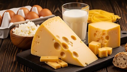Delicious dairy products including cheese, milk, eggs, and cottage cheese on a wooden board