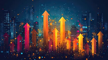 Colorful upward trend arrows stand out against a cityscape at night, symbolizing growth and prosperity. - Powered by Adobe
