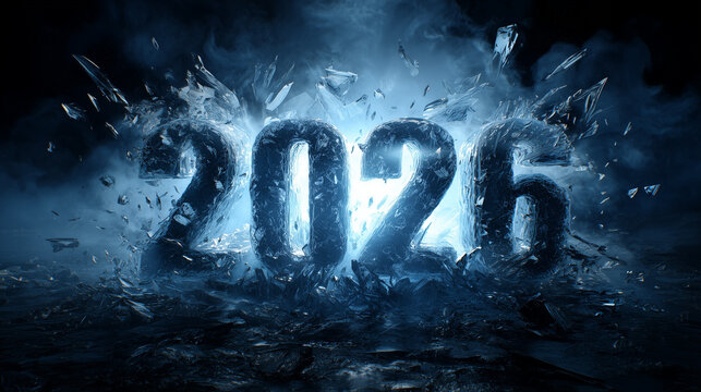 砕け散る氷の2026年の文字、激しい爆発と青いクリスタルの破片の背景 - Powered by Adobe