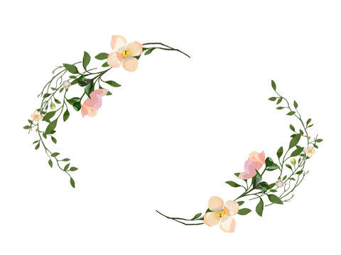 Floral Semi Oval Watercolour Wedding Frame Transparent flowers jasmine leaves illustration decoration engagement prom spring party event flower buds budding blush pink green elegant invitation blossom - Powered by Adobe