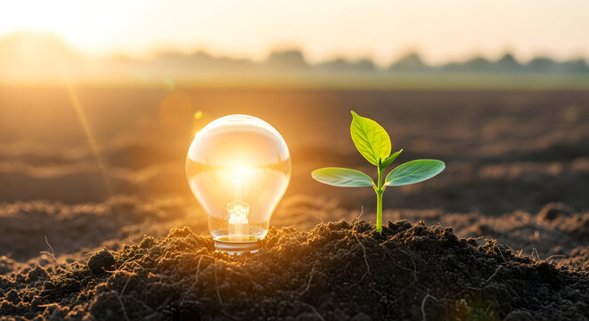 Sustainable future concept: Light bulb and seedling growing in soil at sunset - Powered by Adobe