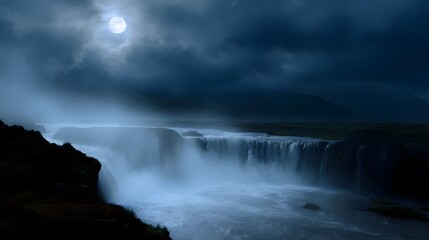 Obraz premium A dramatic waterfall cascades under a bright moonlit night sky with misty spray