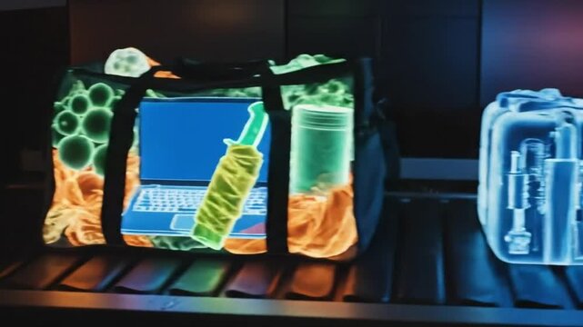 Airport Security X-ray Scan Revealing Luggage Contents on Conveyor Belt