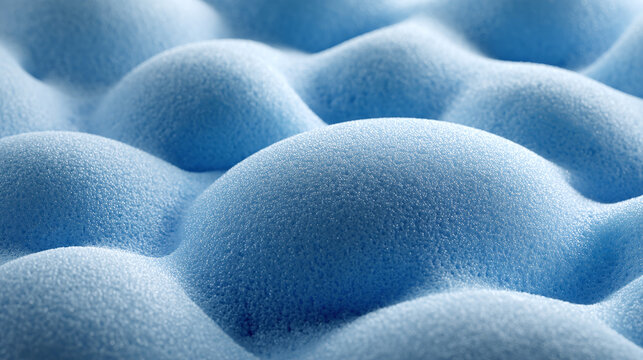 A close-up shot of a light blue memory foam surface. The foam has a unique, textured pattern of soft, rounded shapes