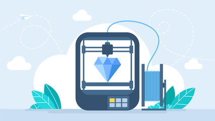 3D printer creates jewelry stones. Laboratory grown diamond. 3D printer making a diamond. 3d printing of precious stones in industrial conditions. Vector illustration