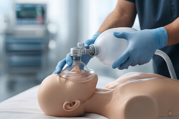 3D cardiopulmonary resuscitation (CPR) training, close-up of healthcare provider’s gloved hands interlocked and correctly positioned on the center of a CPR mannequin’s chest, arms vertical