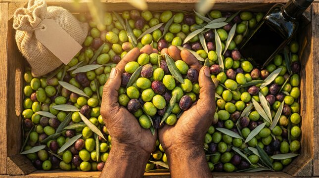 Harvested fresh green and black olives held in hands above a crate, surrounded by olive leaves and a glass oil bottle, representing the concept of olive oil production and harvest. Food background - Powered by Adobe