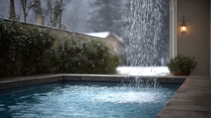 A serene winter scene features a water cascade falling into a swimming pool amidst gentle snowfall illuminated by soft outdoor light