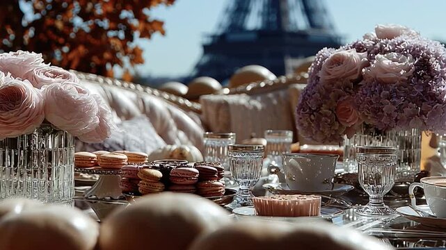 Elegant afternoon tea with pastries and flowers near the Eiffel Tower in Paris on a sunny day