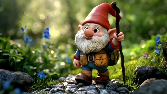 3D garden gnome with walking stick and backpack in forest setting.