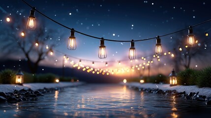Magical String Lights Reflecting on Water at Sunset