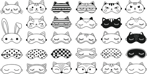 Vector illustration of 25 sleep masks with animal themes and patterns—design reference for fashion, comfort, character, relaxation, and sleepwear