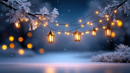 Magical winter night with glowing lanterns, string lights, and falling snow on frosted branches