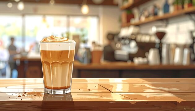 Latte Art on Wooden Table in Cafe Setting. - Powered by Adobe