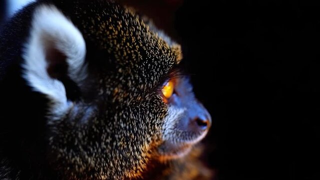 Close-up of a small primate with dark fur and bright orange eyes, gazing to the right against a black background.