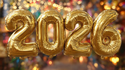 2026年の金色のアルミ風船、イルミネーションが輝く新年のパーティー背景