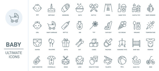 Baby accessories and toys thin black line icons set vector illustration. Abstract outline car seat and stroller for child, bath and duck, organic healthy food, onesie romper clothes and diaper