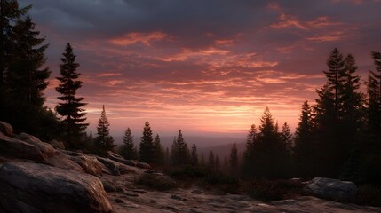 A dramatic sunset paints the sky with vibrant colors over a rugged mountain forest landscape