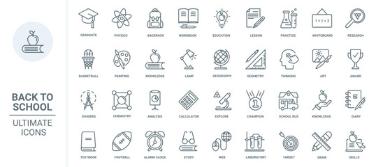 Education thin line icons set vector illustration. Abstract outline pictogram collection to study science in school and university, physics and chemistry lessons, champion award for students and books