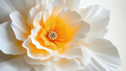 Close-up of center of oversized white flower with yellow accents symbolizing hope and renewal against soft background, delicate petals