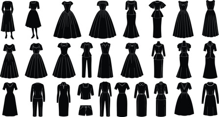Vector illustration of 25 women’s clothing silhouettes—fashion design reference for style comparison, garment diversity, pattern recognition, and apparel inspiration