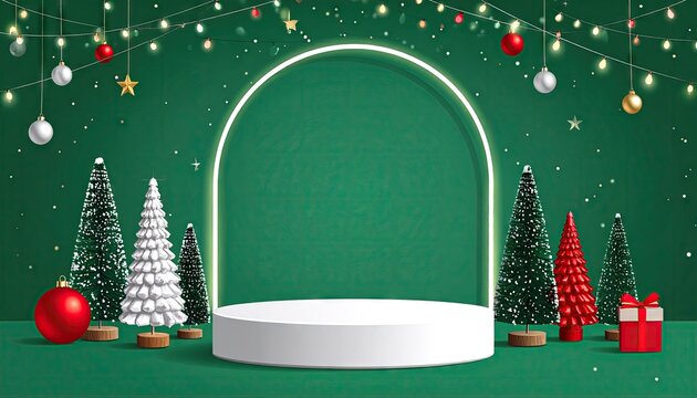 Festive Christmas stage with glowing arch podium decorated trees and holiday lights.