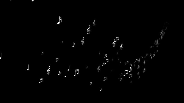 musical notes curve trail flying alpha channel animation, white notas music and song play isolated overlay social media motion design element	