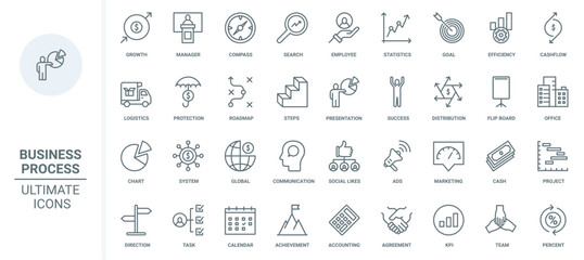 Business process thin line icons set vector illustration. Outline activity of office employees for project growth, target management and marketing system, statistics charts research and career ladder