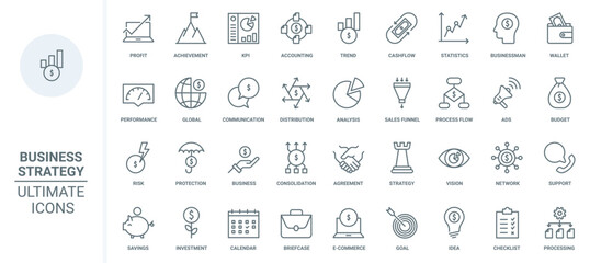 Business strategy thin line icons set vector illustration. Outline budget distribution and commerce support, vision and analysis of trends and KPI, marketing sales funnel and investment protection
