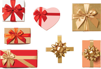 Realistic Top-Down Vector Collection of Holiday Gift Boxes Wrapped in Red, Gold, and Pink Paper with Detailed Ribbons and Decorative Bows