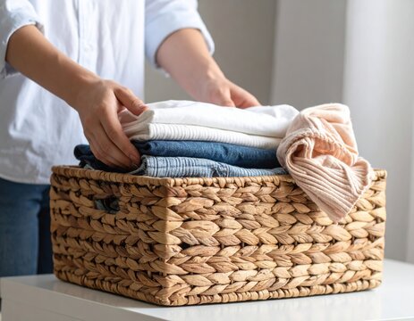 Woman folding clean clothes in a woven basket on a white table