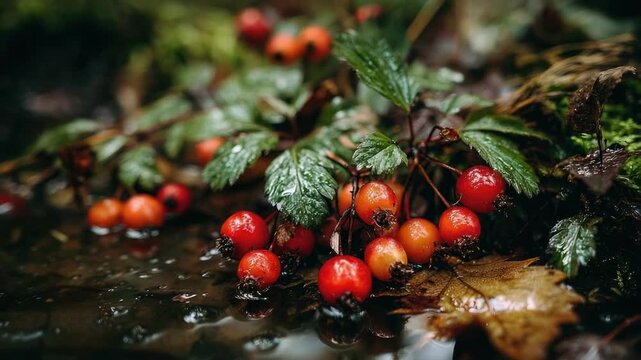 Red berries cluster on a leafy shrub beside a wet, reflective surface.