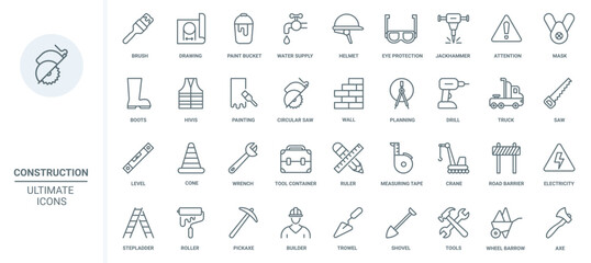 Construction industry, equipment and tools thin line icons set vector illustration. Outline engineering and planning works of builders, crane, road barrier and protection with helmet, water supply