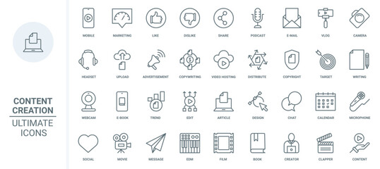 Content creation thin line icons set vector illustration. Outline copyright and marketing in social media, blog trends podcast to share, write and edit articles in computer or mobile phone, hosting