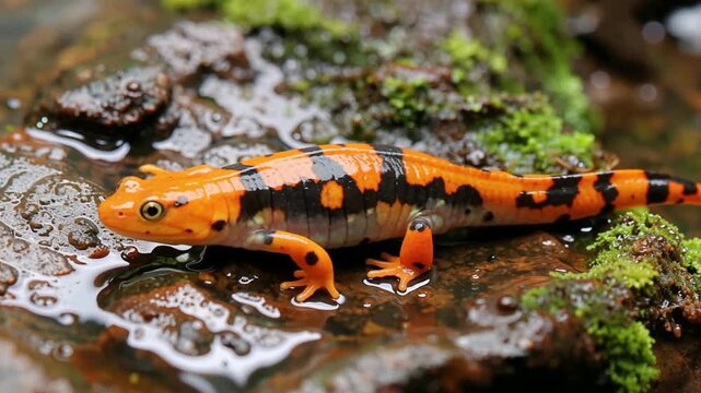 Salamander Walking on Wet Rock Near Moss Closeup